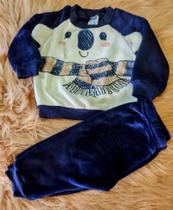 Conjunto bebê de plush urso azul marinho com detalhes em branco
