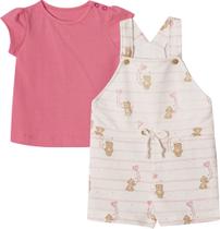 Conjunto Bebê e Infantil Camiseta e Jardineira Nini & Bambini Ursinhos Pink e Offwhite