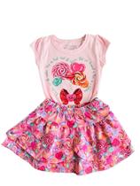 Conjunto bebe fem tam 03 blusa rosa e saia babado pirulitos rovitex