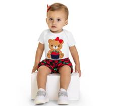 Conjunto Bebê Feminino Body Cotton + Short Cotton Branco Ursa Kyly