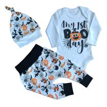 Conjunto Bebê Halloween Touca Body Manga Longa e Calça Mesversário