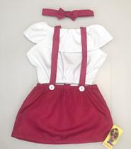 Conjunto Bebê Infantil Saia Rosa E Top Ciganinha Branco Princesa Com Faixa