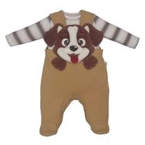 Conjunto Bebê Jardineira Bege Cachorrinho Relevo e Body Listrado Upi Uli