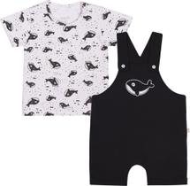 Conjunto Bebê Jardineira e Camiseta Nini&Bambini Baleia Branco e Preto