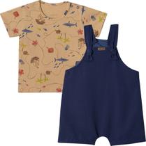 Conjunto Bebê Jardineira e Camiseta Nini&Bambini Mapa do Tesouro Marinho e Mostarda