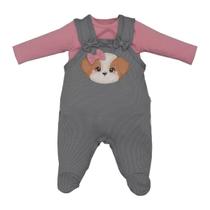 Conjunto Bebê Jardineira Jacquard Cinza Cachorrinha e Body Rosa Upi Uli