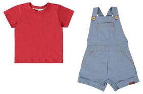 Conjunto bebe masculino camiseta em malha e jardineira chambray