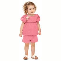 Conjunto Bebê Menina Angerô Algodão Blusa Estampa Glitter e Short c/ Detalhe Goiaba