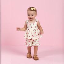 Conjunto Bebê Menina Bata e Shorts com babado em Malha Rustique com flores