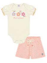 Conjunto Bebê Menina Body Flores E Short Quadriculado Natural E Laranja Neon Cinti Conjunto Bebê Menina Body Flores E Short Quadriculado Natural E Laranja Neon Cinti
