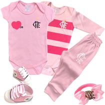 Conjunto Bebê Menina Flamengo Rosa 5 Peças Outono Inverno Quentinho 2 Bodies + Calça, Tênis e Laço