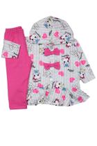 Conjunto Bebê Menina Inverno Casaco Capuz Gatinha Calça Rosa