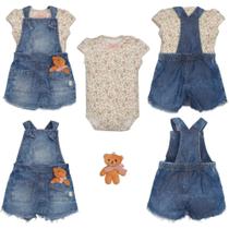 Conjunto Bebê Menina Jardineira Com Body Caroline Azul Jeans