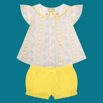 Conjunto Bebê Menina Tricoline Bata Florida e Short Branco/Amarelo Tamanho:P Conjunto Bebê Menina Tricoline Bata Florida e Short Branco/Amarelo Tamanho:P