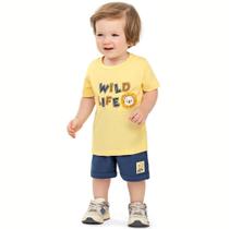 Conjunto Bebê Menino Angerô Camiseta Algodão Estampa Interativa e Bermuda Moletinho Amarelo/Azul