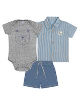 Conjunto Bebê Menino Body, Bermuda E Camisa Ursinho Mescla E Azul Jeans Médio Divertto