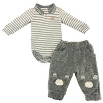 Conjunto Bebê Menino Body Gola Polo e Calça Bordada Ursinhos