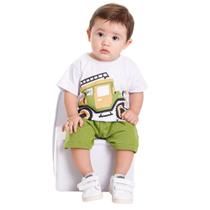 Conjunto Bebê Menino Camiseta Branca Truck e Bermuda Verde