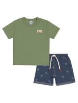 Conjunto Bebê Menino Camiseta E Bermuda Coqueiro Verde E Azul Jeans Escuro Divertto