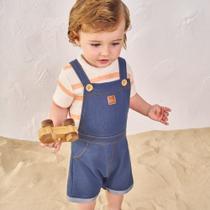 Conjunto Bebê Menino Divertto Camiseta Moletinho e Jardineira Molecotton Jeans Laranja/Marinho