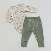 Conjunto Bebê Menino Grow Up Body Manga Longa Safari e Calça Algodão Verde Enxoval Passeio