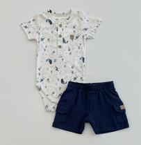 Conjunto Bebê Menino Grow Up Body Mar e Bermuda Azul Marinho Algodão Passeio Verão Dia a Dia