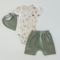 Conjunto Bebê Menino Grow Up Body Safari + Bermuda Verde + Babador Algodão Passeio Dia a Dia Verão