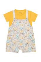 Conjunto Bebê Menino Jardineira Cachorro Mescla e Camiseta Lisa Amarela