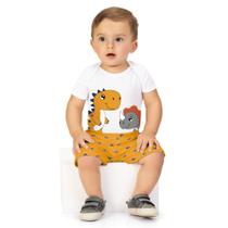Conjunto Bebê Menino Kyly Body Cotton e Short Algodão Estampa Dinossauro Branco/Amarelo