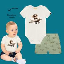 Conjunto Bebê Menino Milon Body Cotton Avião e Bermuda Moletinho Branco/Verde