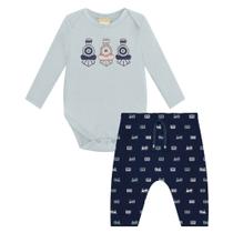 Conjunto Bebê Menino Milon Body Cotton Estampa Trem e Calça Moletinho Estampada Verde/Marinho Tamanho:P