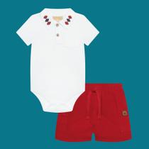 Conjunto Bebê Menino Milon Body Polo Branco Shorts Vermelho Tamanho:M