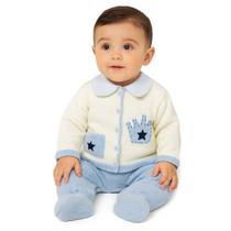 Conjunto Bebê Príncipe Coroa Azul casaco salopete artesanal Conjunto Bebê Príncipe Coroa Azul casaco salopete artesanal