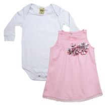 Conjunto Bebê Vestido Branco e Rosa