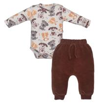 Conjunto Bebês Body ML Cachorrinhos e Calça Saruel Veludo Marrom Upi Uli