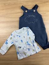 Conjunto Bebês Jardineira Manga Longa Dino Azul Masculina