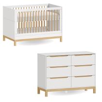 Conjunto Berço 2 em 1 e Cômoda 6 gavetas Linha Cozy Branco com Carvalho - Quater