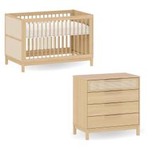 Conjunto Berço 2 em 1 e Cômoda Infantil 4 gavetas Palinha Natural e MDF Linha Indy Marca Quater Móveis Carvalho Malva