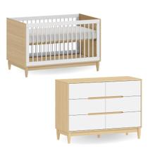 Conjunto Berço 2 em 1 vira Mini Cama com Cômoda 6 gavetas Tomi Branco com Carvalho Malva Brinde Colchão
