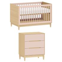 Conjunto Berço 2 em 1 vira Mini Cama e Cômoda 3 gavetas Tomi Rosa com Carvalho Brinde Colchão Conjunto Berço 2 em 1 vira Mini Cama e Cômoda 3 gavetas Tomi Rosa com Carvalho Brinde Colchão