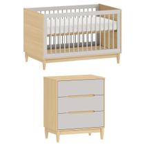 Conjunto Berço 2 em 1 Vira Mini Cama peças Inclusas e Cômoda 3 gavetas Tomi Cinza com Carvalho