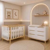 Conjunto Berço 2 em 1 Vira Mini Cama Softy com Cômoda 6 Gavetas Cozy Grande Branco Carvalho Malva Conjunto Berço 2 em 1 Vira Mini Cama Softy com Cômoda 6 Gavetas Cozy Grande Branco Carvalho Malva