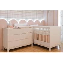 Conjunto Berço Americano 2 em 1 e Cômoda 6 Gavetas Cozy Quater MDF Branco Fosco.