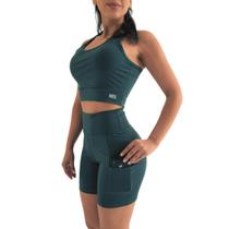 Conjunto Bermuda Feminino Celular Exercício Funcional Academia Blackout