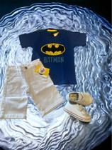 Conjunto bermuda jeans com ajuste interno e camiseta batman Conjunto bermuda jeans com ajuste interno e camiseta batman