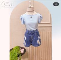 Conjunto bermuda jeans e Cropped feminino adulto, tecido dunas.