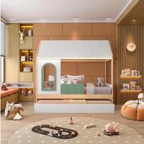 Conjunto Bicama Reversível Casinha com Telhado, Led, Janela e Grade Frontal New Garden Casatema Verde/Natural