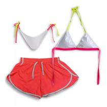 Conjunto Biquíni Amarração Neon E Short Tactel Moda Praia