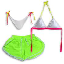 Conjunto Biquíni Amarração Neon e Short Tactel Moda Praia