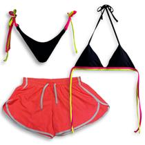 Conjunto Biquíni Amarração Neon e Short Tactel Moda Praia